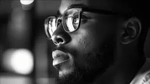 Close-up of a man with glasses, looking thoughtfully into the distance in black and white.