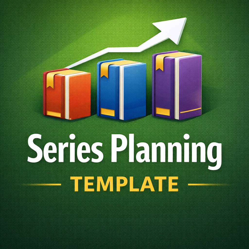 Colorful books with a white upward arrow line graph on a green background, labeled 'Series Planning Template'.