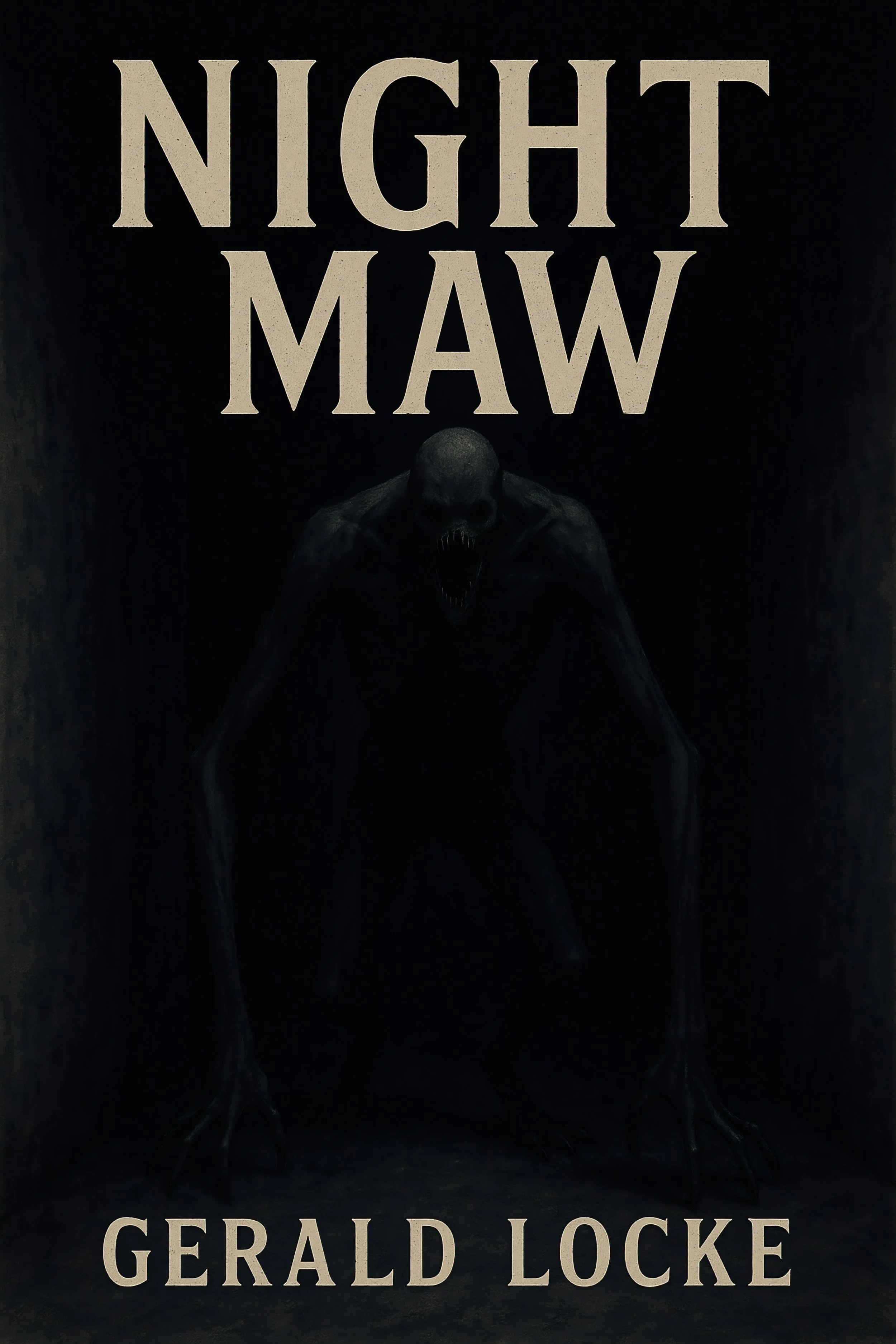 Dark cover of a book titled 'Night Maw' by Gerald Locke, featuring a monstrous creature with a humanoid shape, elongated limbs, a skull-like face, and an open mouth with sharp teeth, emerging from shadows.