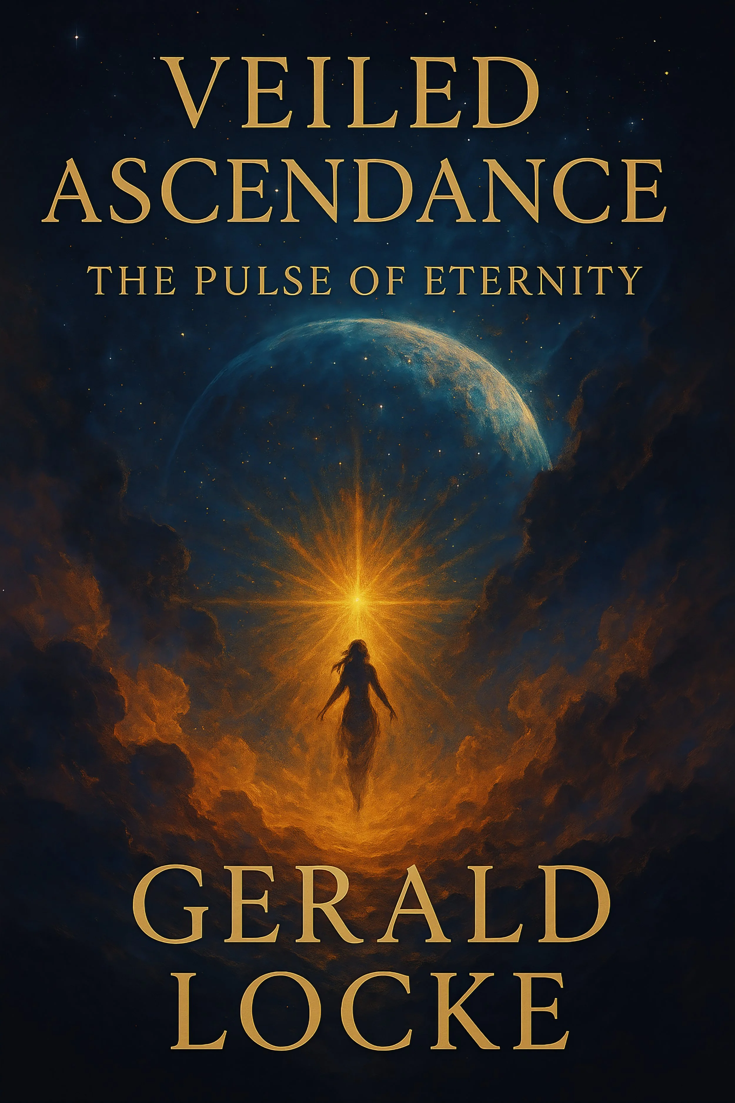 Book cover titled "Veiled Ascendance: The Pulse of Eternity" by Gerald Locke. The cover features a silhouette of a woman floating amidst clouds, with a glowing star above her head, a large planet or moon in the background, and a starry sky.