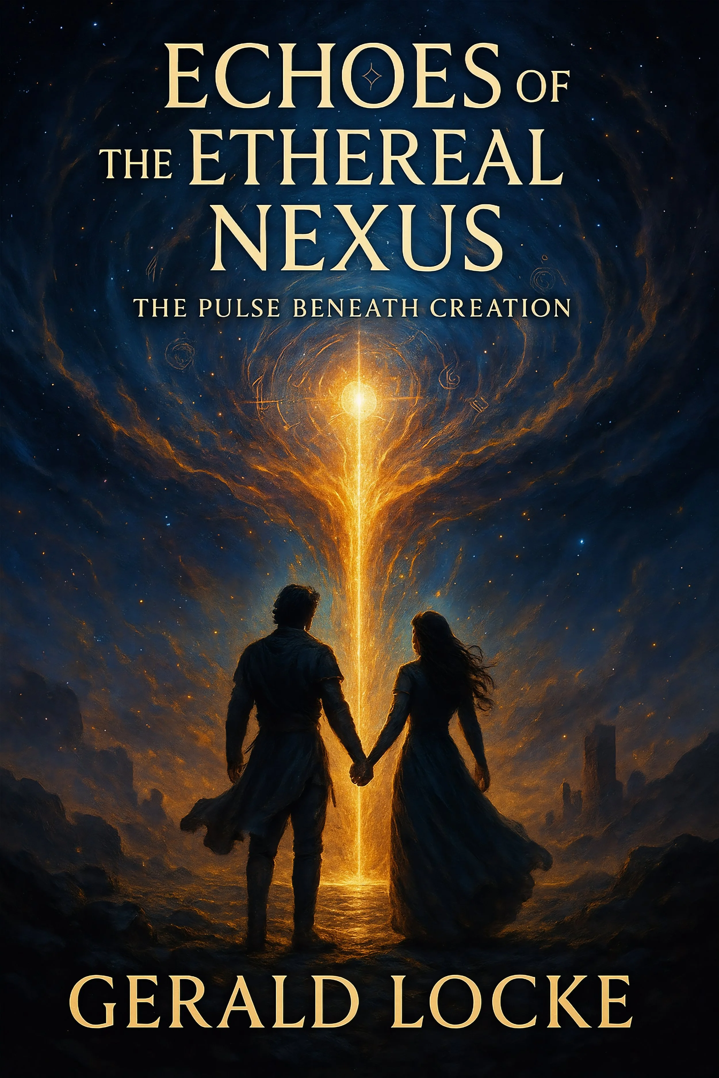 Book cover titled "Echoes of the Ethereal Nexus: The Pulse Beneath Creation" by Gerald Locke. The cover art features a starry night sky with a glowing vertical energy line, with a silhouette of a man and woman holding hands in the foreground, facing the luminous energy.