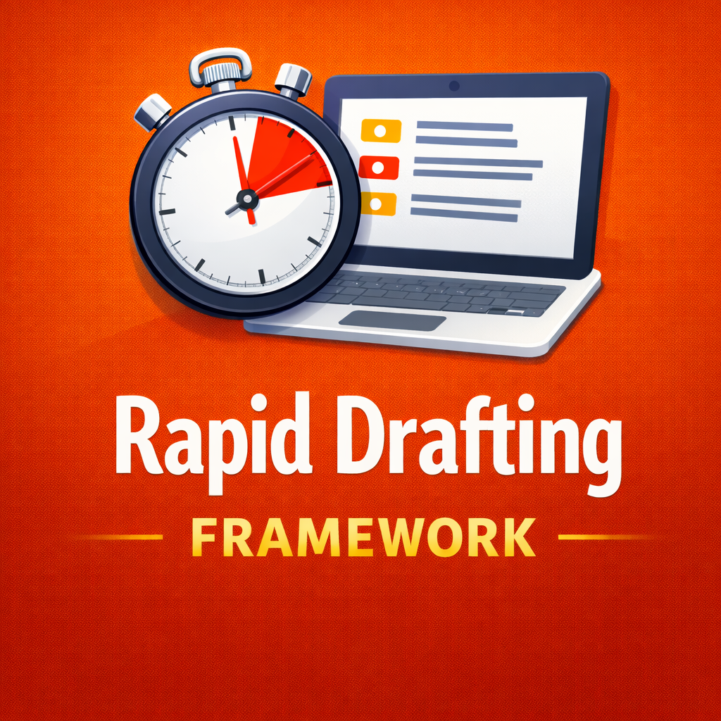 Illustration of a stopwatch and a laptop with a to-do list, promoting a rapid drafting framework.
