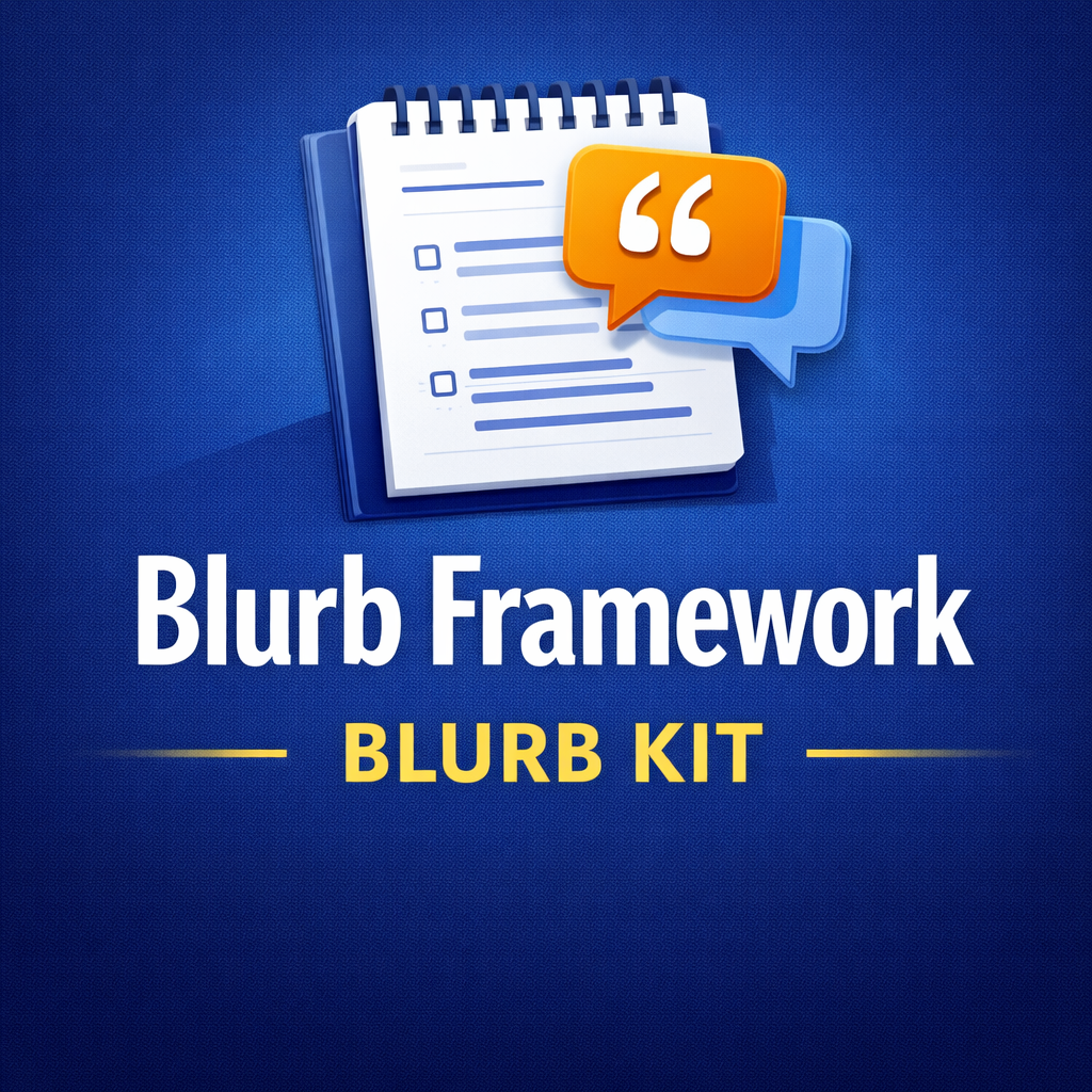 A graphic advertisement for a "Blurb Framework Blurb Kit" featuring an illustrated notebook with checklists and speech bubbles with quotation marks, set against a blue background.