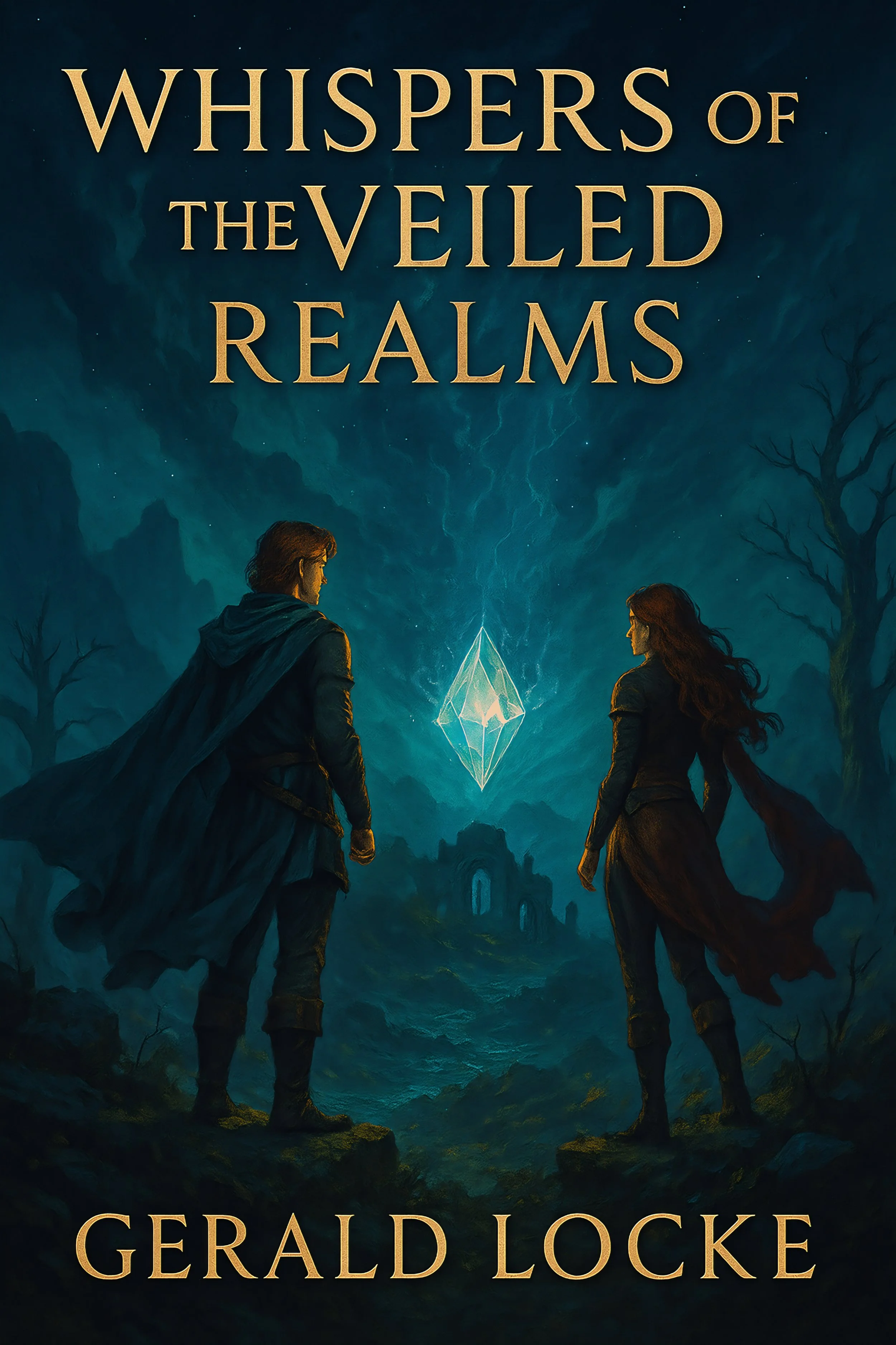 Book cover titled "Whispers of the Veiled Realms" by Gerald Locke, featuring a fantasy scene with a man and woman standing on rocky ground near a glowing crystal floating in the air, surrounded by dark trees and mystical landscape.