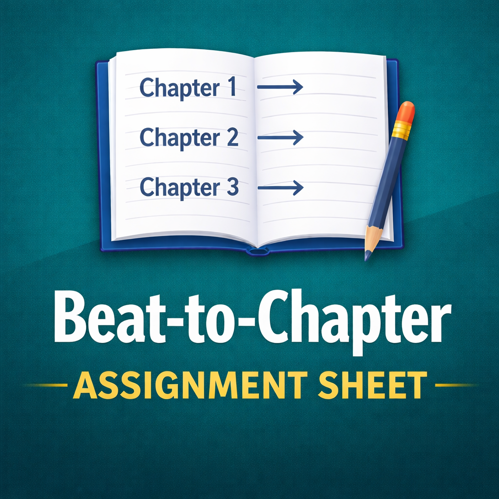 Cover of a booklet titled "Beat-to-Chapter Assignment Sheet," featuring an open notebook with three chapters listed and arrows pointing to the right, a large pencil on the right side.
