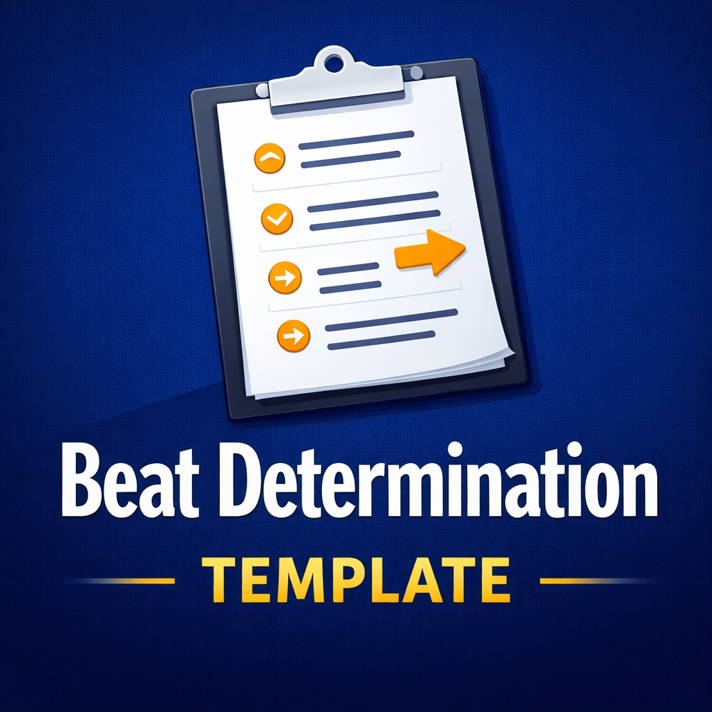 Illustration of a clipboard with a report and various icons, including arrows and checkmarks, with the text "Beat Determination Template" below.