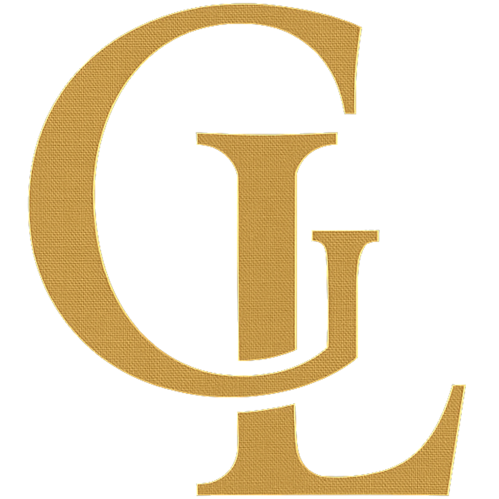 Large, stylized gold letters 'G'  'L' interlocked, set against a transparent background.