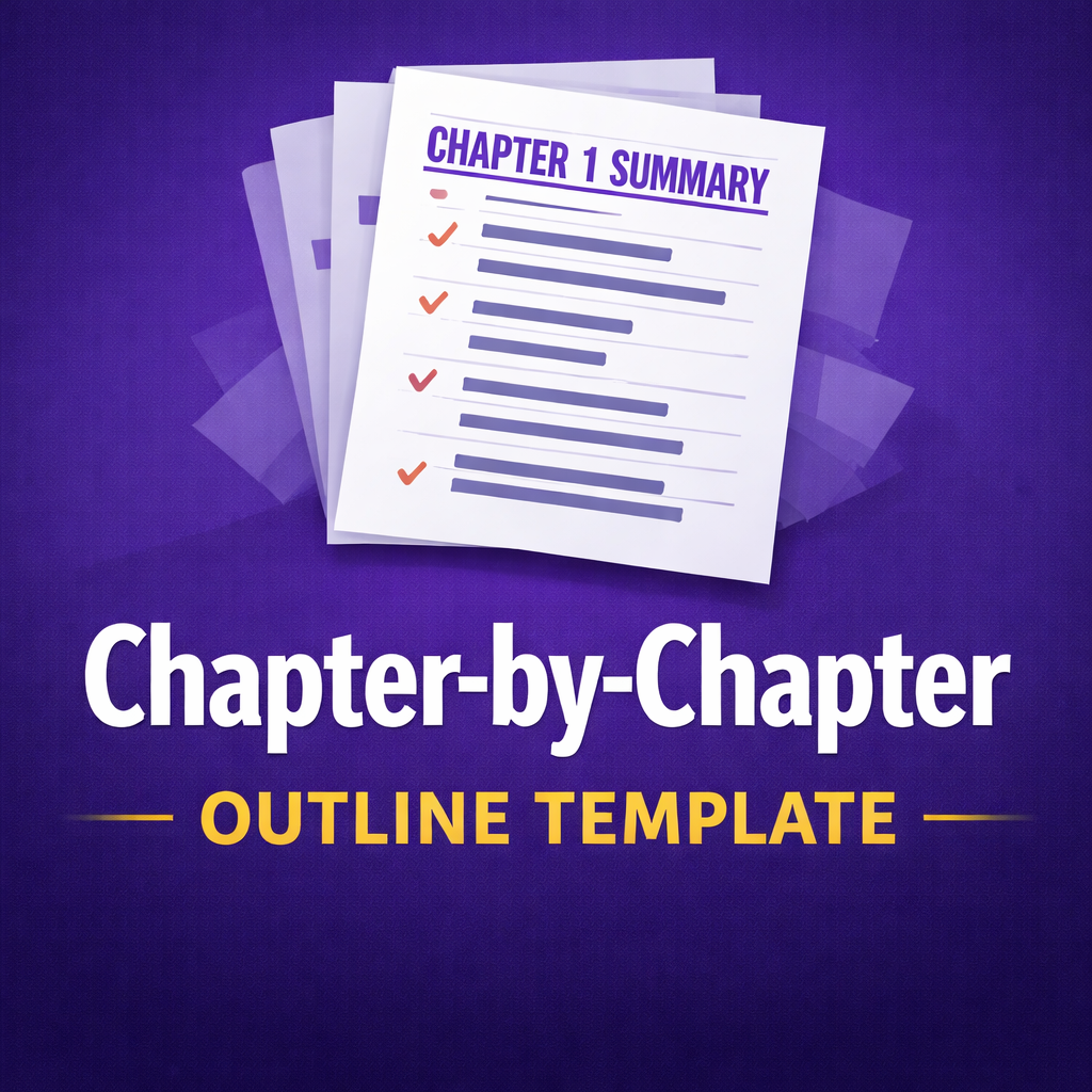 Cover of a guide titled "Chapter-by-Chapter Outline Template" with an illustration of a stacked paper and a checklist on top, set against a purple background.