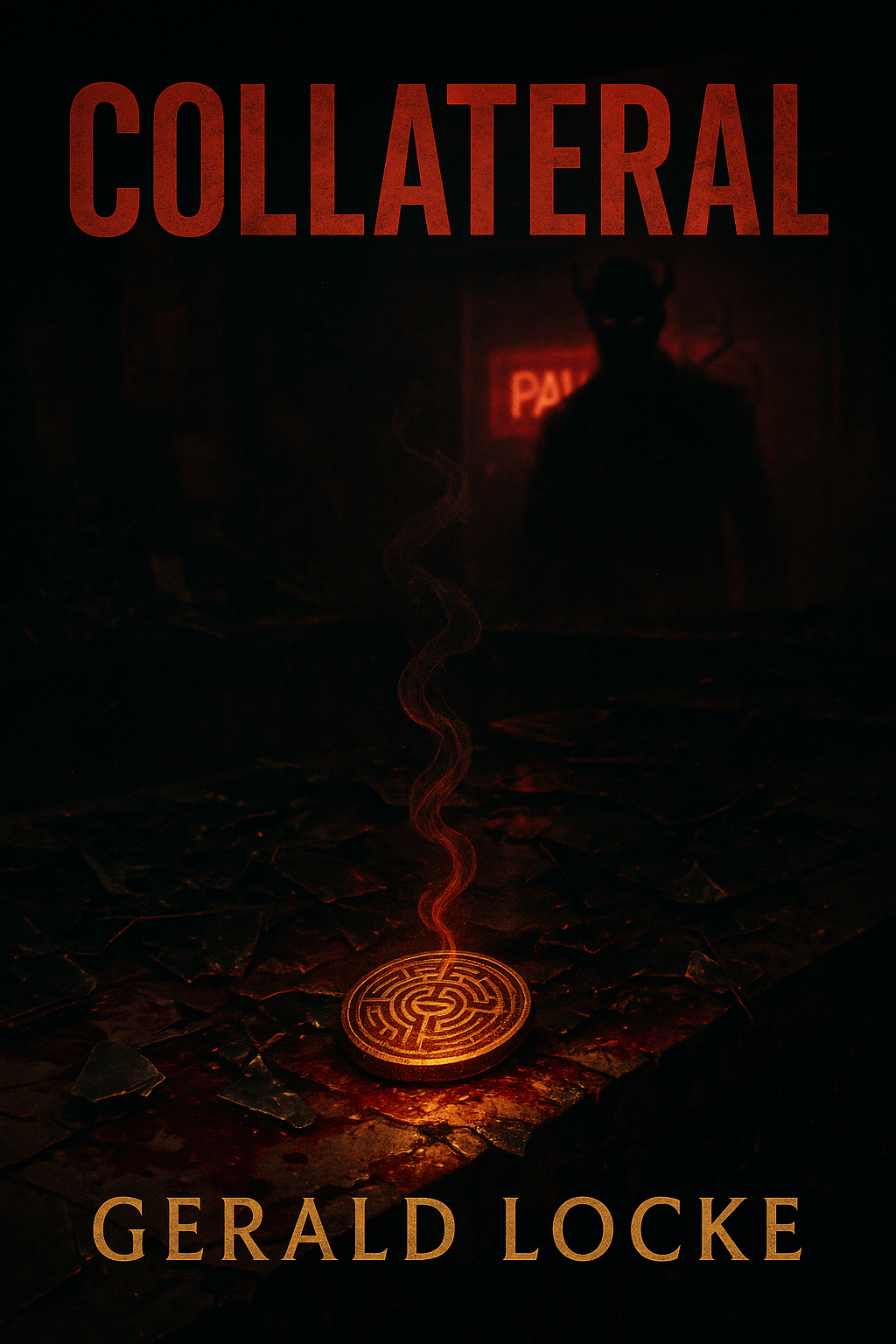Book cover titled 'Collateral' by Gerald Locke featuring a dark scene with a closed manhole cover emitting red smoke and a shadowed figure with devil horns in the background illuminated by red neon light.
