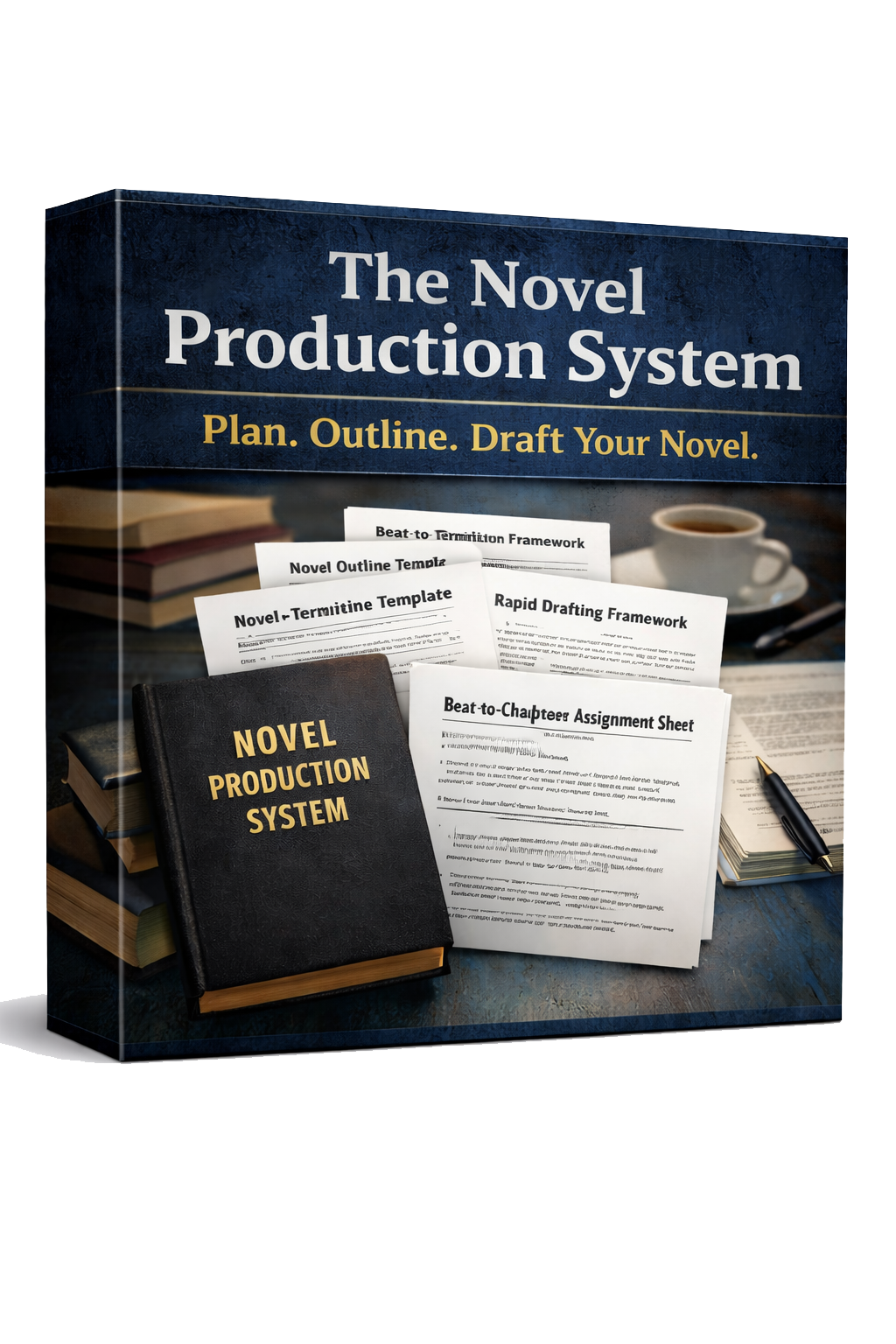 Book titled 'The Novel Production System' with various worksheets and templates for planning and outlining a novel, placed on a desk with a cup of coffee.