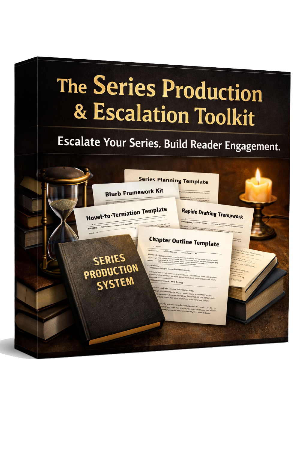 Cover of a toolkit titled "The Series Production & Escalation Toolkit" featuring books, templates, an hourglass, and a candle.