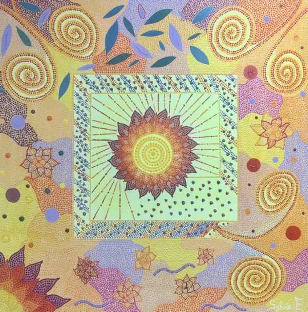 SOLEIL D'AUTOMNE 100 cm X 100 cm - peinture- acrylique - pointillisme - couleurs