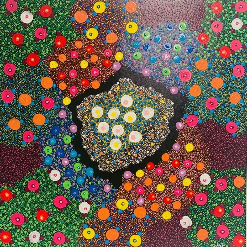 LES JARDINS - Dimensions 100cmX100cm - pointillisme - couleurs - peinture acrylique