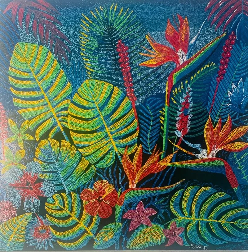 FORET TROPICALE - PEINTURE ACRYLIQUE - COULEURS - POINTILLISME