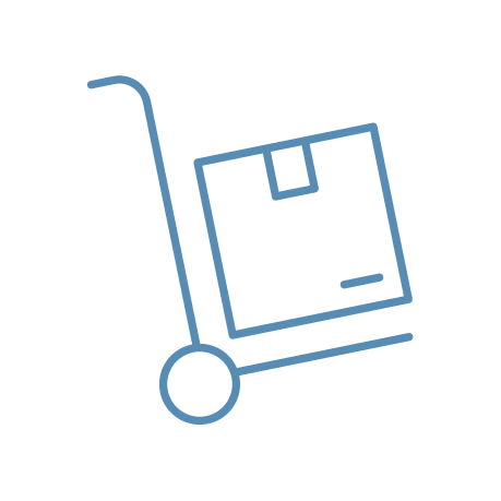 Line drawing of a hand truck carrying a box with a barcode.