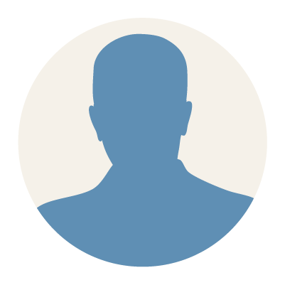 Silhouette of a person's head and shoulders in blue within a circular frame.