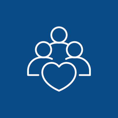 Icon of three people with a heart in front of them, on a blue background.
