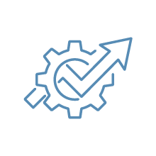 Gear icon with arrow and checkmark, symbolizing growth and progress