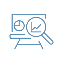 Desktop chart with pie and line graphs, magnifying glass.
