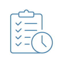 Clipboard with checkmarks and a clock.