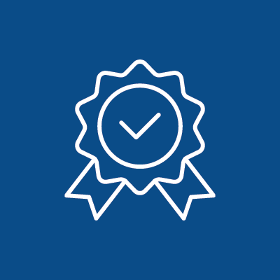 Icon of a blue badge with a checkmark in the center, representing certification or approval.