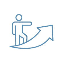 A simple line drawing of a person climbing a rising arrow, symbolizing growth or progress.