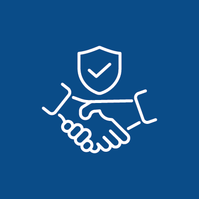 Icon of a handshake with a shield and checkmark, symbolizing security or protection.
