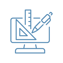 A computer monitor with a geometric ruler, triangle, and pencil, representing design or drafting tools