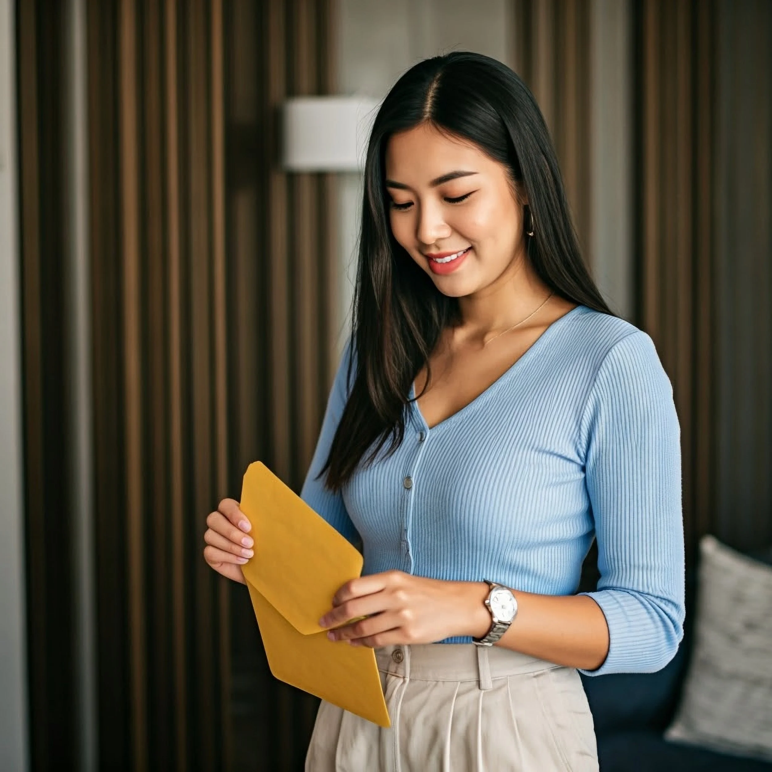 Smiling woman in blue top holding yellow envelope indoors.