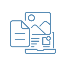 Icons of a document, a photo, and a laptop, representing digital or online content.