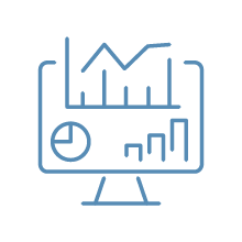 Line graph with bar chart and pie chart icons on a computer monitor.