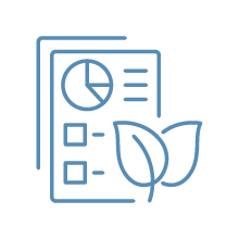 Icon of a report with a pie chart, checklist, and two leaves