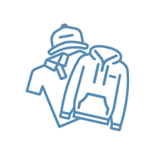 Icon of apparel items; a cap, a golf shirt, and a hooded sweatshirt.