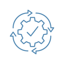 Gear icon with check mark inside, surrounded by circular arrows representing process or cycle