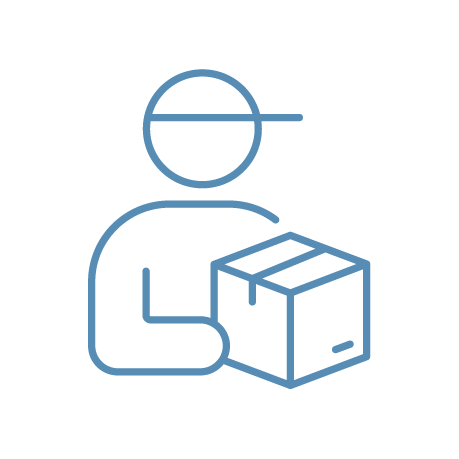 Outline of a person wearing a cap holding a cardboard box.