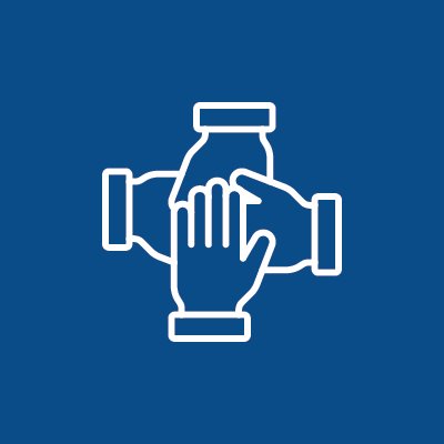 Icon of four hands forming a square with a jar in the center on a blue background.