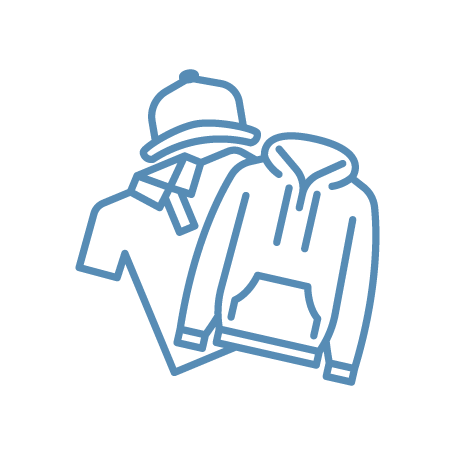 Line drawing of a winter hat, jacket, and hoodie