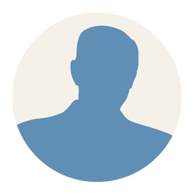 A blue silhouette of a person with short hair inside a circular frame