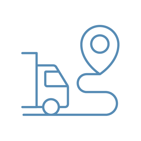 Outline of a delivery truck with a curved route leading to a location pin.