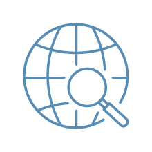 Icon of a globe with a magnifying glass.