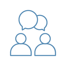 Two silhouette icons of people with speech bubbles above them, indicating a conversation or discussion.