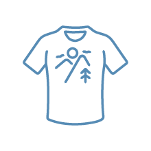 Line drawing of a T-shirt with a mountain landscape design.