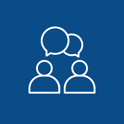Icon of two people with speech bubbles above their heads, representing communication or conversation.