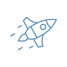 A simple blue line drawing of a spaceship or rocket blasting off with smoke or clouds underneath.