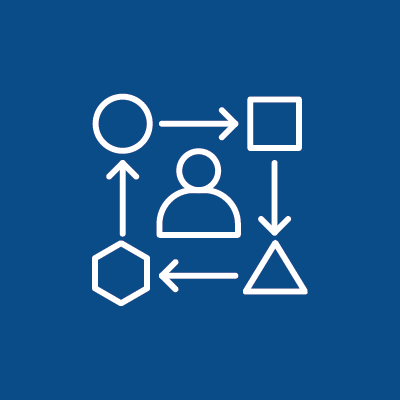 Flowchart with various shapes connected by arrows on a blue background.