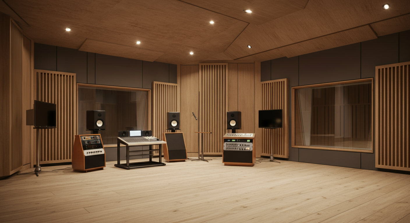 Empty recording studio with wooden walls, ceiling, and floor, featuring speakers, monitors, microphones, and audio equipment