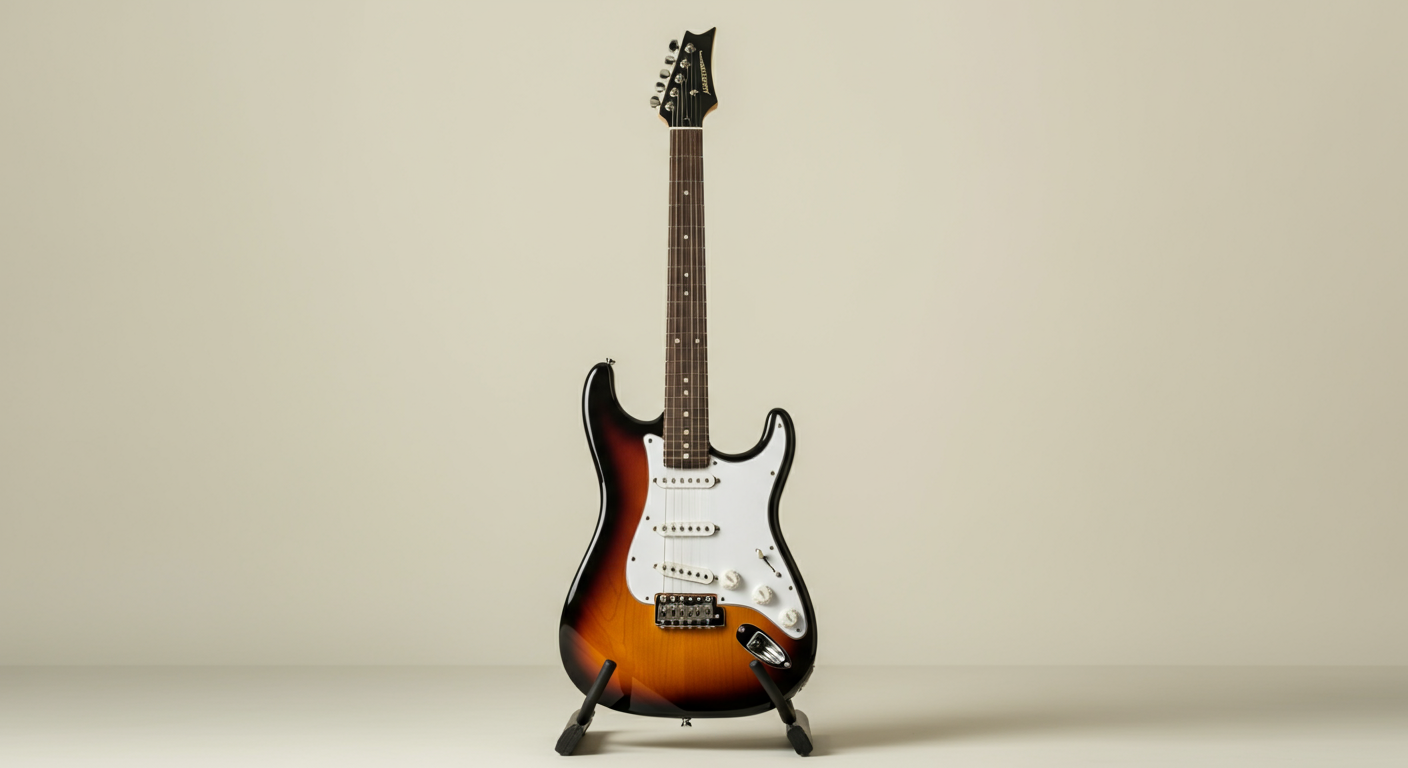 Sunburst electric guitar on a stand against a plain off-white background.