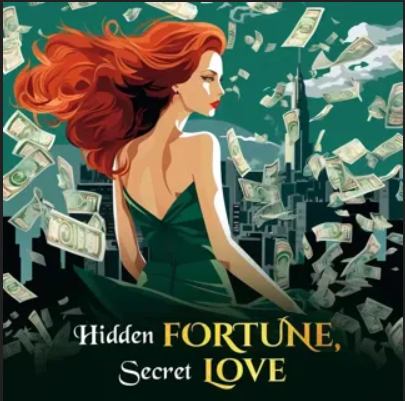 Illustration of a woman with long red hair surrounded by flying dollar bills, with a city skyline in the background. Text reads 'Hidden Fortune, Secret Love'.