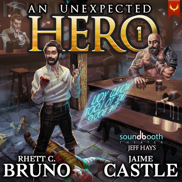 Cover art for a game titled 'An Unexpected Hero,' showing a man with a bloodstained shirt and a bandaged hand in a tavern setting, with a fallen character on the floor. The scene includes a muscular, tattooed man at the table, neon sign, and various tavern details.