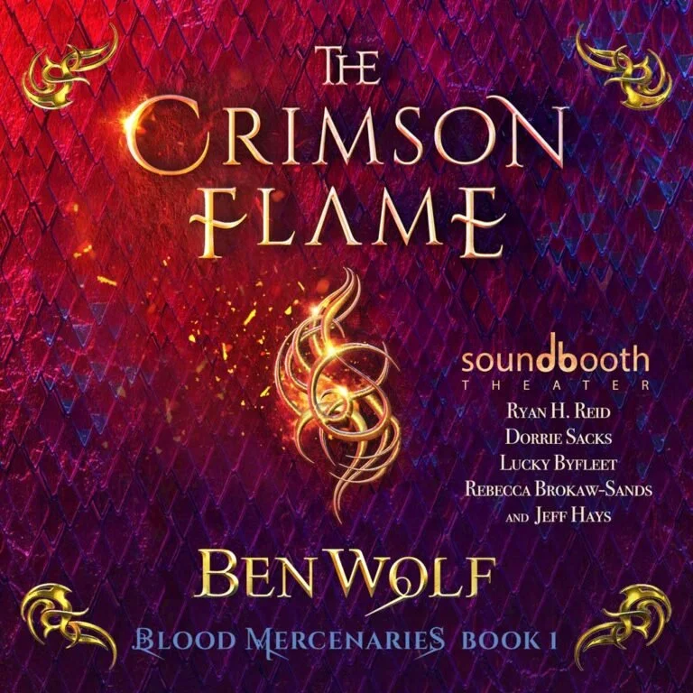 Book cover for 'The Crimson Flame' by Ben Wolf, part of the 'Blood Mercenaries' series, Volume 1. Features a fiery, swirling design with gold decorative elements against a red and purple textured background.